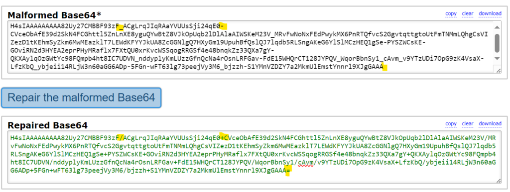 Analyse der fehlerhaften Base64 Zeichenfolge mit den Onlinetools von base64.guru