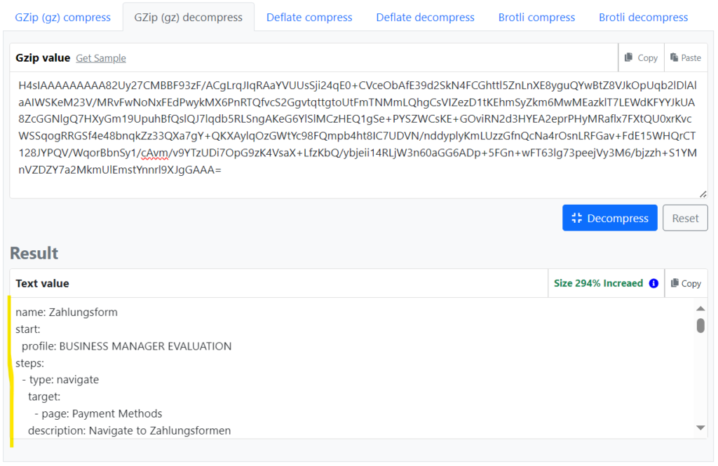 GZip Dekomprimierung der Page Scripting Aufzeichnung von Business Central mit den Onlinetools von multiutil.com