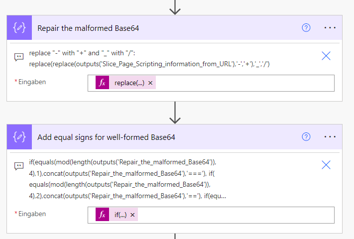 Auszug aus dem Power Automate Flow, um die Base64 Zeichenfolge zu aktualisieren