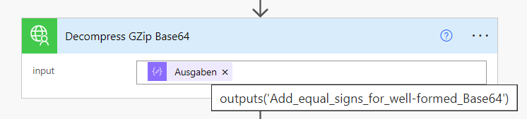 Auszug aus dem Power Automate Flow mit Anwendung des benutzerdefinierten Konnektors zur GZip Dekomprimierung
