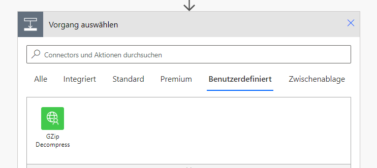 Auszug aus dem Power Automate Flow mit Auswahl des benutzerdefinierten Konnektors zur GZip Dekomprimierung