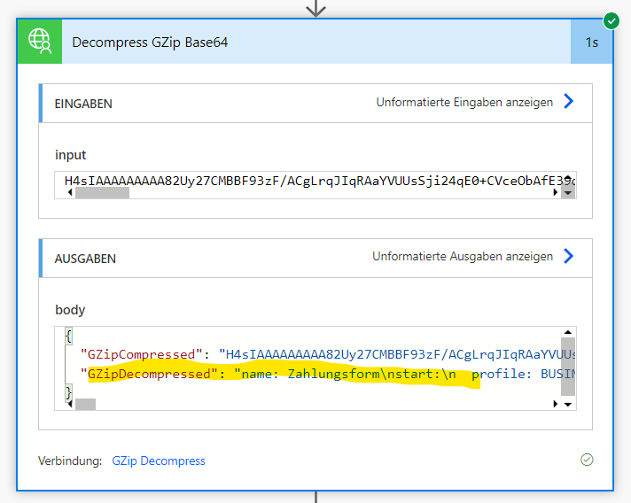 Auszug aus dem Power Automate Flow mit Ausgabe des Ergebnisses der GZip Dekomprimierung