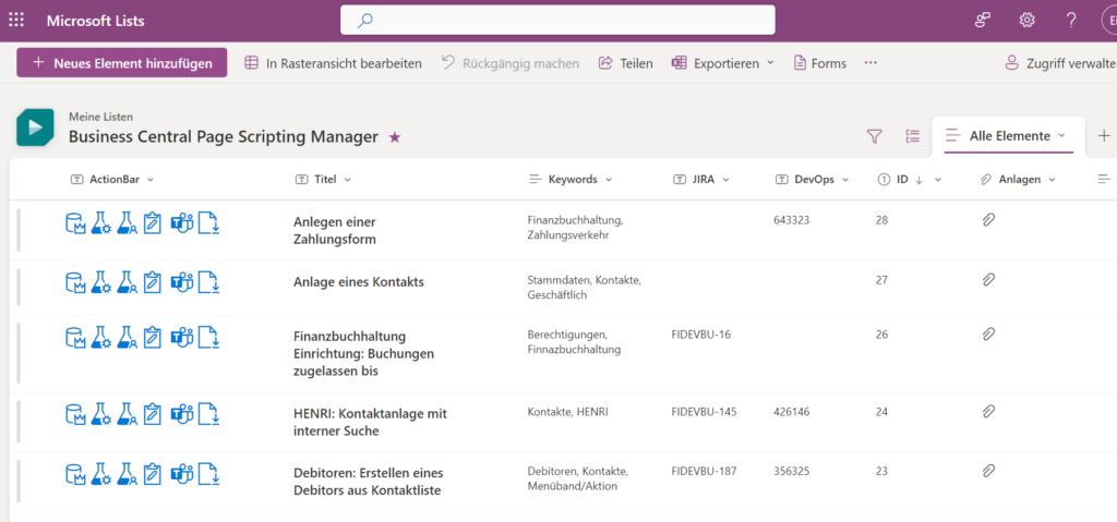 SharePoint Liste "Business Central Page Scripting Manager"