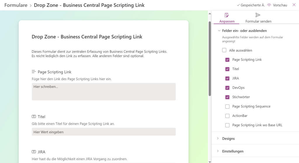 SharePoint Listen Formular "Drop Zone - Business Central Page Scripting Link" erstellen