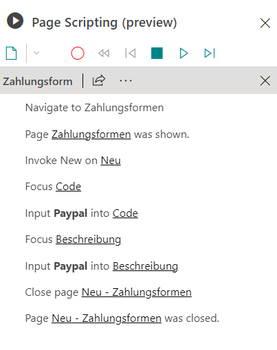 Ausschnitt einer Page Scripting Aufzeichnung in Business Central