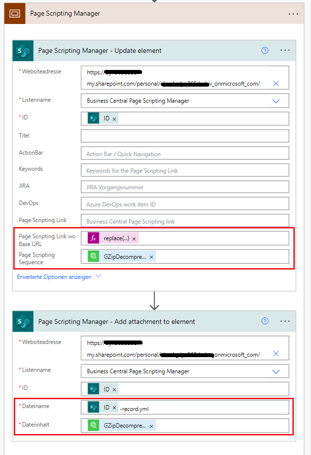 Auszug aus dem Power Automate Flow mit Aktualisierung des SharePoint Listenelements mit Page Scripting Informationen