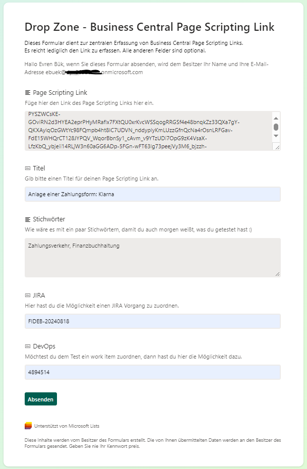 Erfassen eines Page Scripting Links in SharePoint Liste Formular "Drop Zone - Business Central Page Scripting Link"
